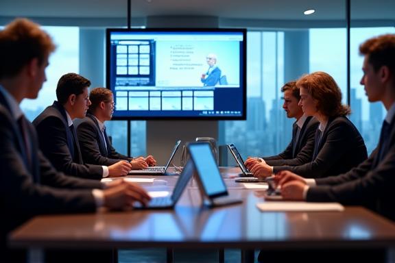 Business professionals in a meeting using language training software